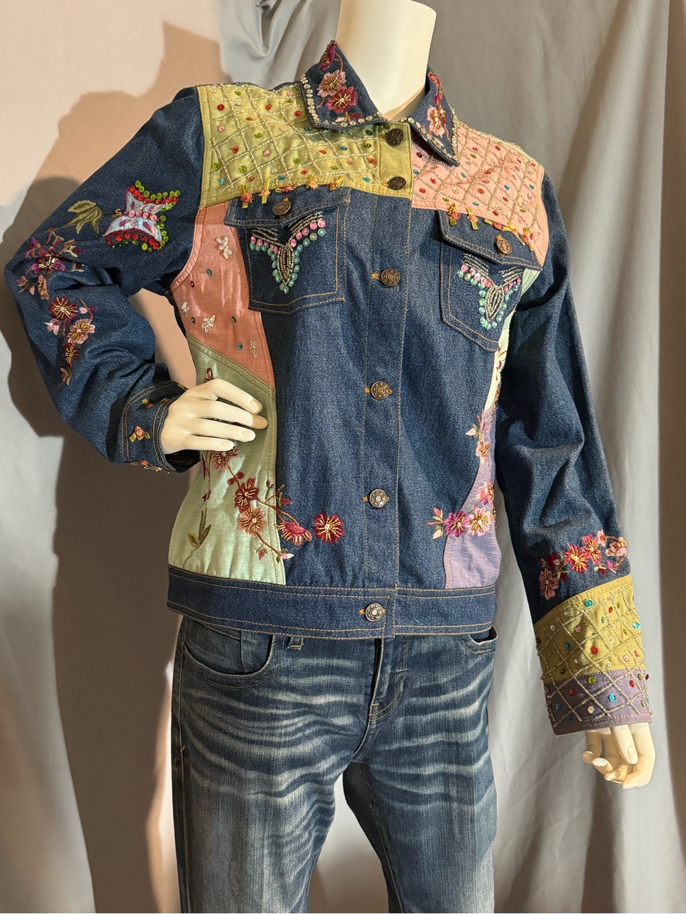 VTG Carrie Allen Patchwork Denim Jacket M Embellished Wearable Art Y2K Boho